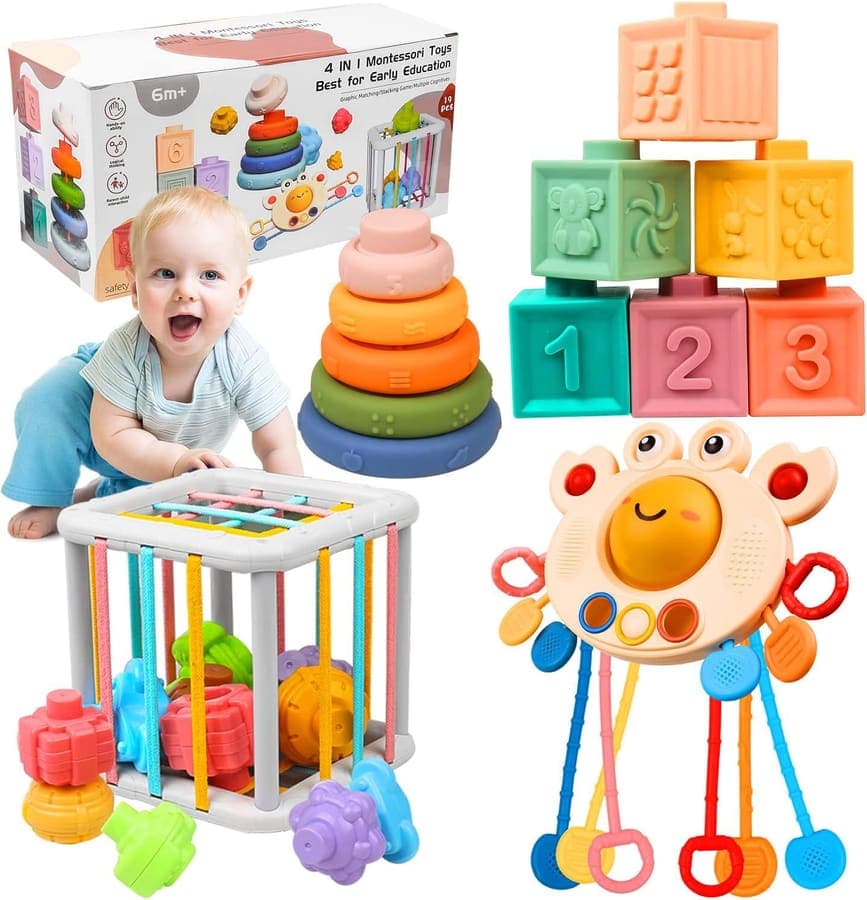 Juguetes Bebés 6-12 Meses, 4 en 1 Juguetes Montessori 6 Meses, Bloques Sensoriales Apilables, Regalo Cumpleaños Navidad