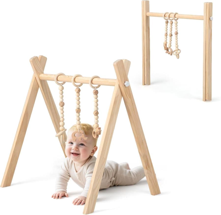 RELAX4LIFE Arco de Juegos de Madera Maciza para Bebés Mayores de 3 Meses, Gimnasio para Bebé con 3 Juguetes Colgantes para el Desarrollo Cerebral y Físico, Arco de Actividades para Bebé (Natural)