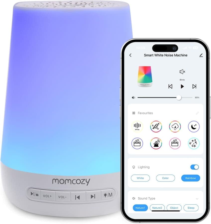 Momcozy Ruido Blanco para Bebés, Niños y Adultos, 34 Sonidos Relajantes, Luz Nocturna 7 Colores, Entrenador de Sueño, Control por APP