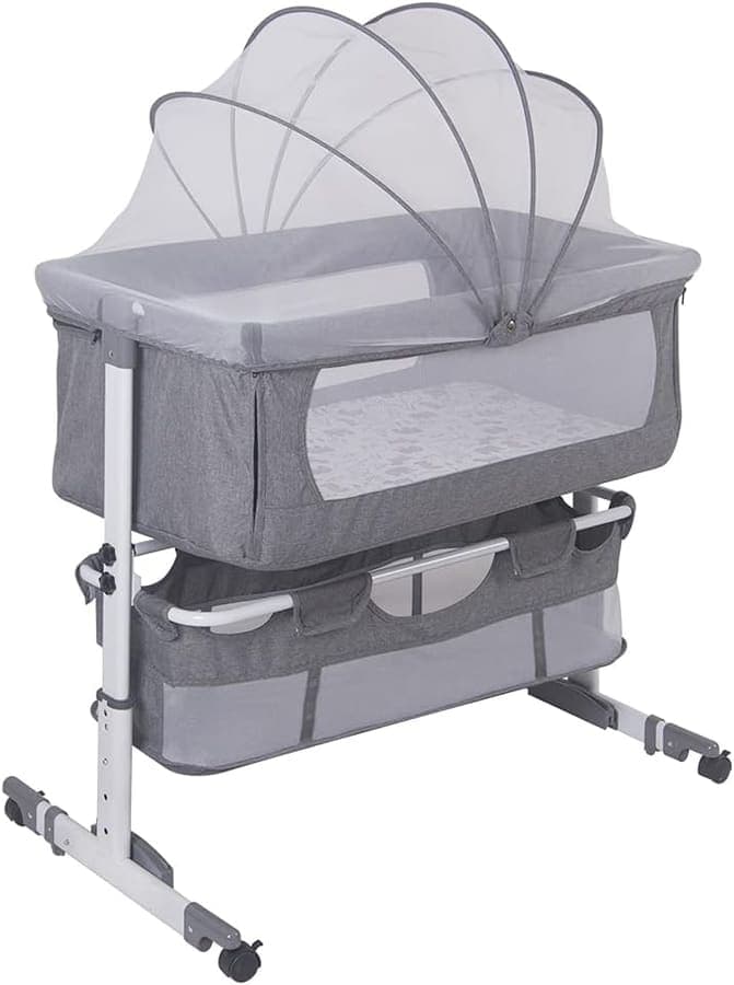 Willonin Cuna Colecho 2 en 1, Altura Ajustable, Cuna con Mosquitera, Función Almacenamiento, 92 x 58 x 70-87 cm (Gris)