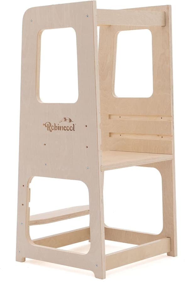 ROBINCOOL Torre de Aprendizaje Montessori Madera Eco Evolutiva con Altura Ajustable y Barra de Seguridad 40x44x90 cm