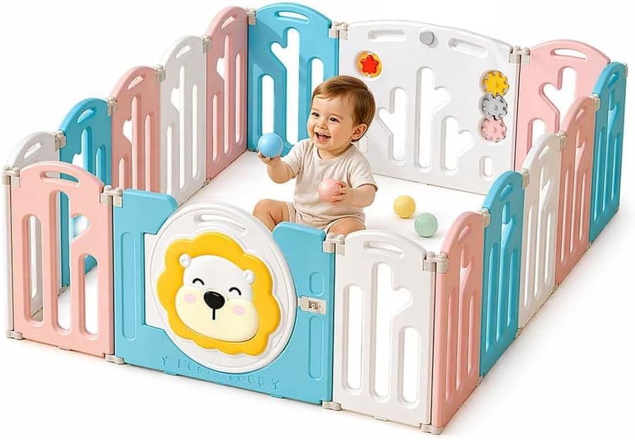 Parque Infantil 148 x 155 cm Parque Plegable para Bebé con Cesta de Puerta LED con 20 Pelotas y Paneles de Seguridad HDPE Libre de BPA Parque para Bebé Interior y Exterior León Colores Desarrollo Gateo