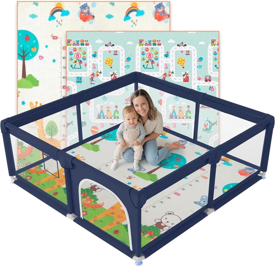 JUPPLIES Parque Infantil para Bebé 120 x 120 cm + Parque Infantil para Bebé con Malla Transpirable – Parque Infantil Plegable con Puerta Lateral – Parque Bebé – Azul