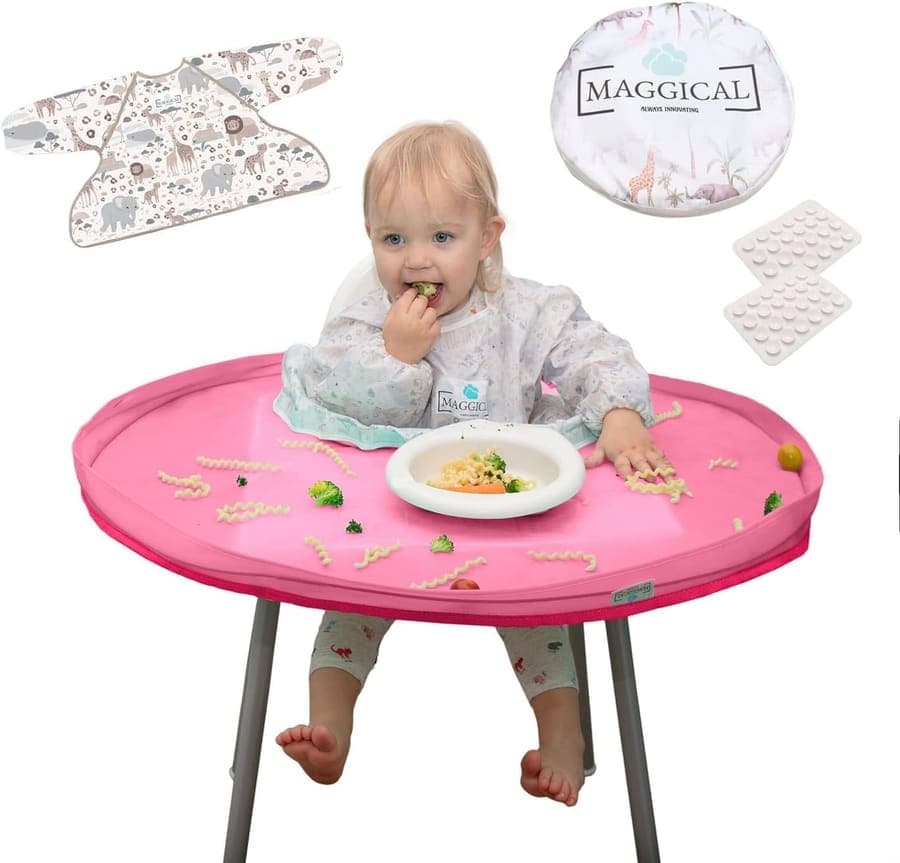 MAGGICAL Baberos Impermeables para Bebé – Bandeja para Bebé con 48 Ventosas – Babero BLW – Destete del Bebé – Aprendizaje de Recién Nacidos Comiendo Solos – Bandeja para Trona – Baberos para Bebé, Rosa Salmón