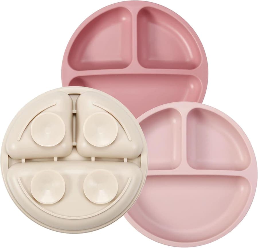 PandaEar Platos de Silicona Antideslizantes para Niños con Ventosas - Platos Estables Divididos para Bebé - Libre de BPA - Pack de 3 - Apto para Lavavajillas y Microondas (Rosa/Lino/Rosa Claro)