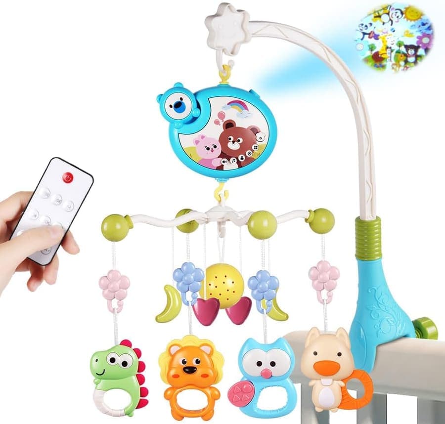 Aolso Móvil Musical para Cuna de Bebé, Colgante para Cochecito con Campana, Móvil para Cuna con Mando a Distancia y Proyección y Función de Tiempo, Móvil para Cuna de Bebé, Sonajeros de Animales-Azul
