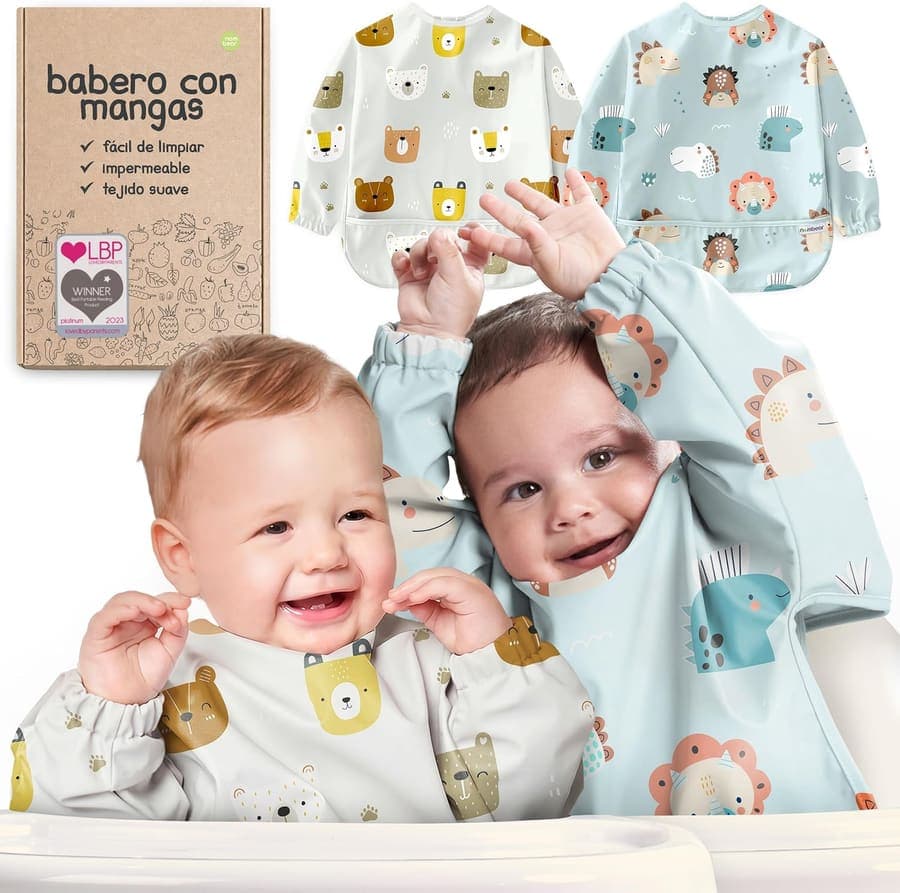 Nombear Baberos Impermeables para Bebé con Mangas – Babero Impermeable con Mangas para BLW, desde 6 Meses, Fácil de Limpiar y Secado Rápido, 03 - Grunt (Pack de 2), Talla única