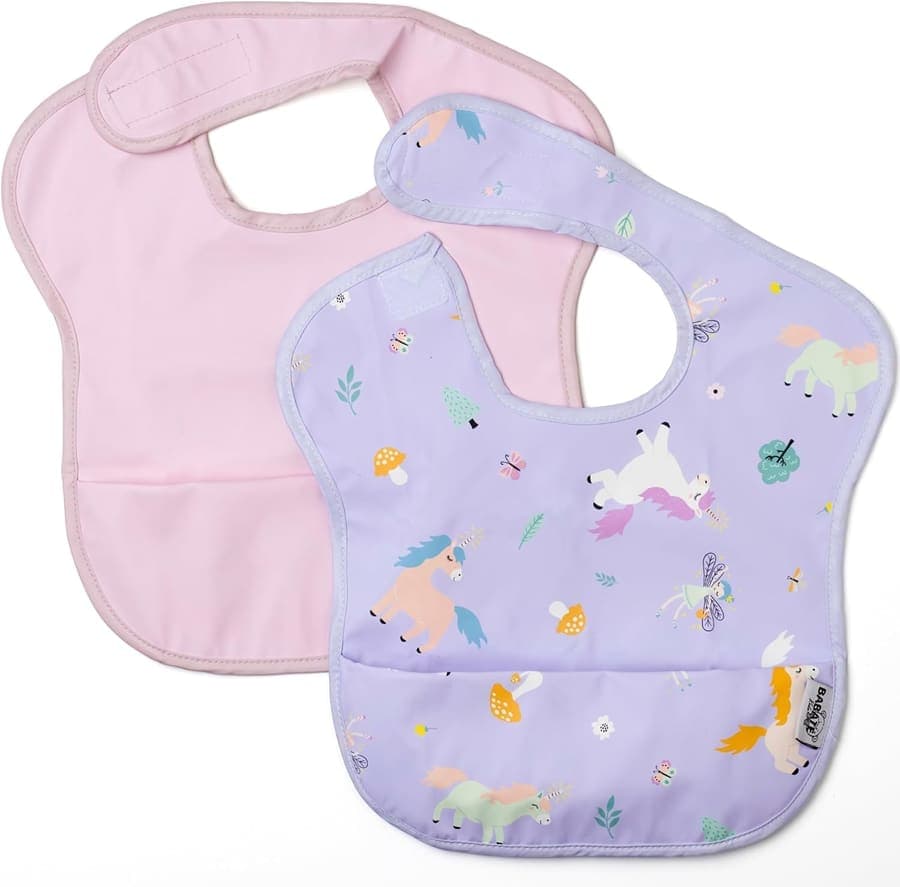 BABATÉ Kids - Pack de 2 Baberos Impermeables para Bebé, Baberos Sin Mangas, Baberos BLW, Baberos Impermeables para Bebé, Babero Impermeable para Bebé, Bosque Encantado Lila, Talla única