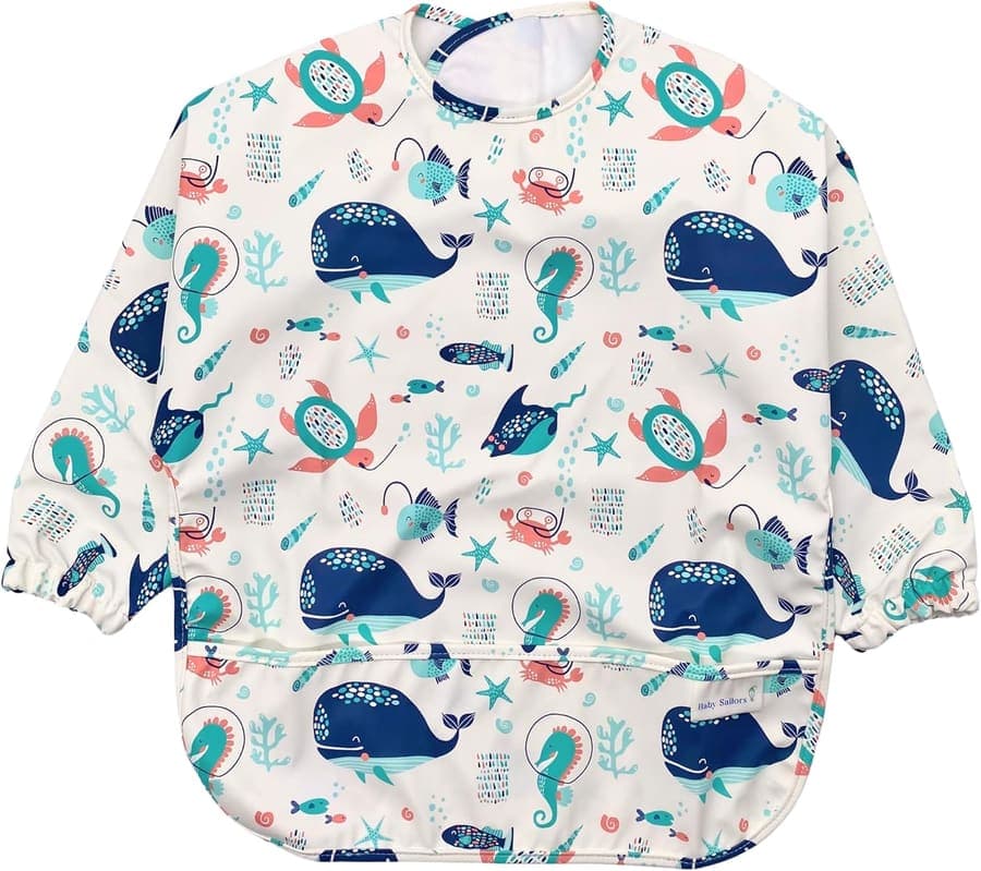 Baby Sailors Baberos Impermeables para Bebé con Mangas – Babero con Mangas Impermeable desde 6 Meses, Delantal de Pintar, Baberos Impermeables para Bebé, Babero BLW, Babero con Elástico, Babero con Velcro, Ballena Blanca, Talla única