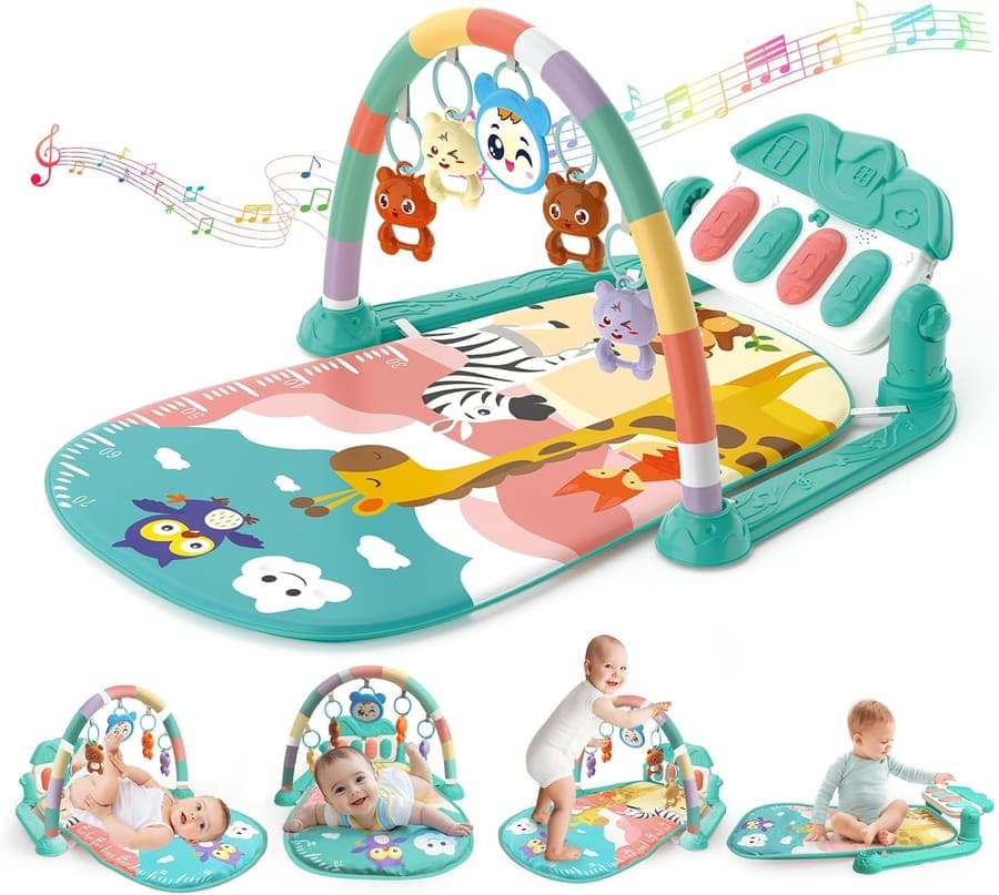 KalaDuck Gimnasio Montessori para Bebé 0-6 Meses, Manta de Juegos con Piano Musical Ajustable y Sonajero, Alfombra de Actividades para Caminar, Alfombra Sensorial para Bebé 6-12 Meses (Verde)