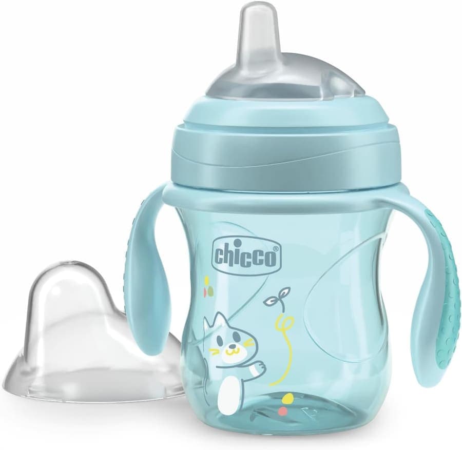 Chicco Vaso de Transición, Vaso Antigoteo para Bebé de 200 ml, con Boquilla Ergonómica de Silicona, Doble Válvula Antifugas y 0% BPA, 4M+, Azul
