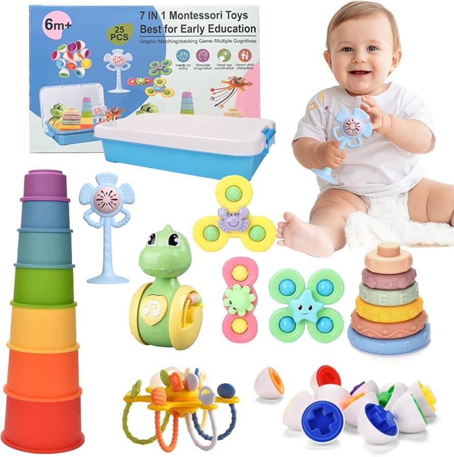 Juguetes Montessori para Bebés 6-12 Meses, 7 en 1 Juegos Infantiles 1 2 3 Años, Juguetes Sensoriales Bloques Educativos