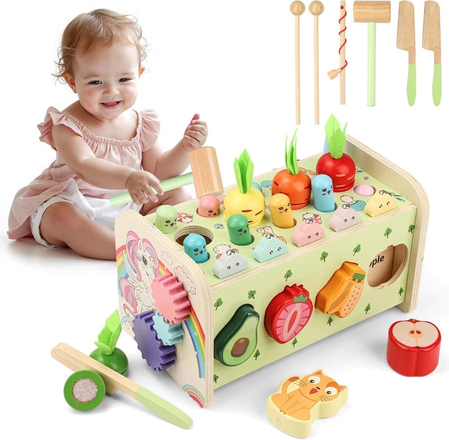 Juguetes Montessori 1 Año, 10 en 1 Juego Niña Bebe Madera Instrumentos Musicales Xilófono Cubo Actividades con Martillo Juego Pesca