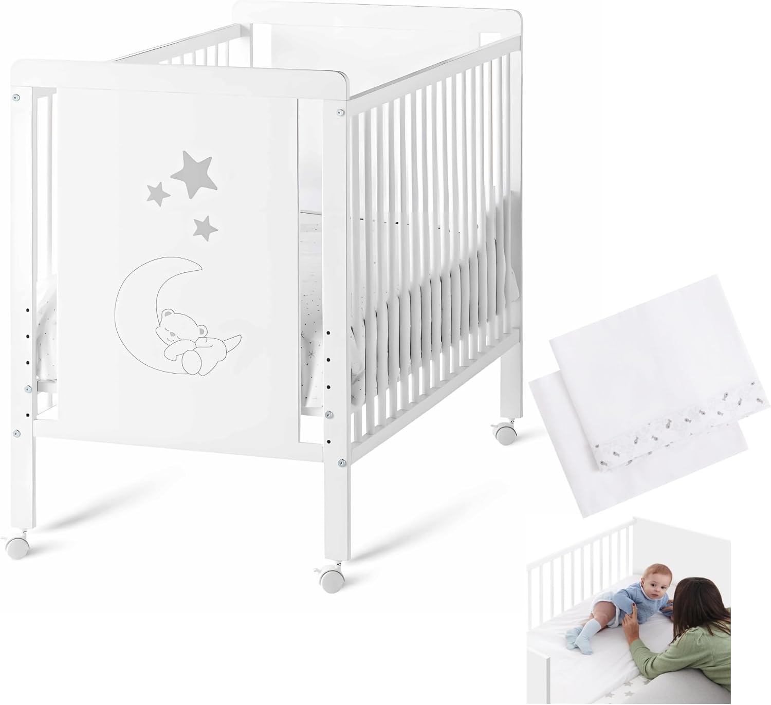 Cuna Colecho de Bebé Indi Estilo Nórdico Infantil 120x60 cm, con Kit Colecho, Sábana Encimera y Bajera 100% Algodón CoolDreams