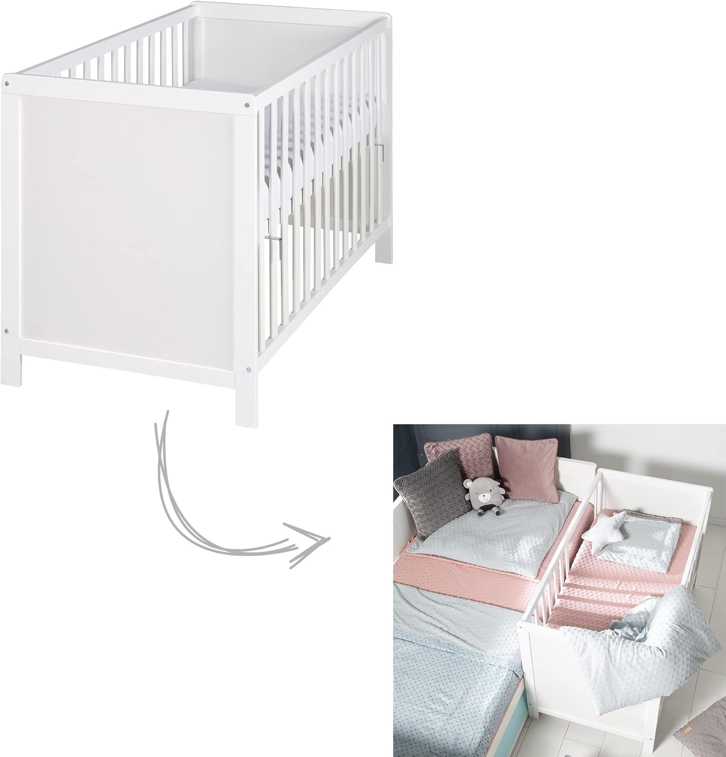 roba Cuna Colecho 60 x 120 cm, 2 en 1, Convertible en Cama de Bebé Independiente, Altura Ajustable, 5 Barandillas Desmontables, Madera Blanca