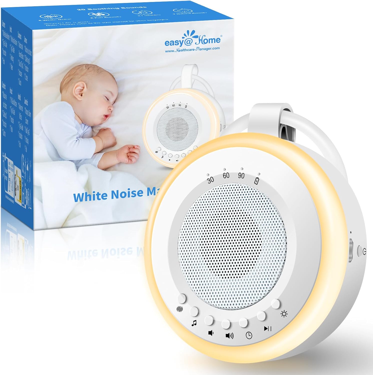 Easy@Home Máquina de Ruido Blanco para Dormir Bebé, 20 Sonidos Relajantes con Luz Nocturna Ajustable, Temporizador, USB Recargable