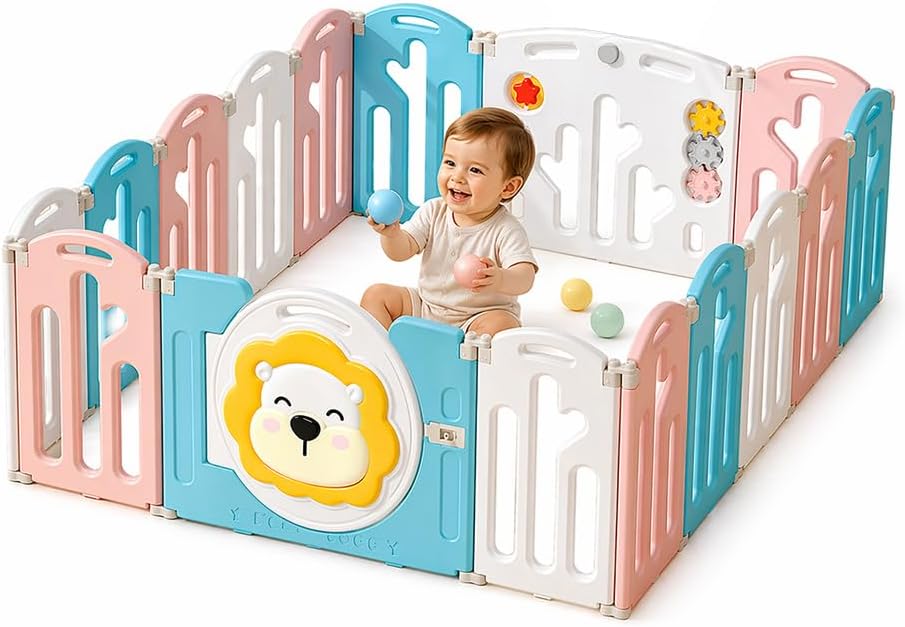Parque Infantil 148 x 155 cm Parque Plegable para Bebé con Cesta de Puerta LED con 20 Pelotas y Paneles de Seguridad HDPE Libre de BPA Parque para Bebé Interior y Exterior León Colores Desarrollo Gateo