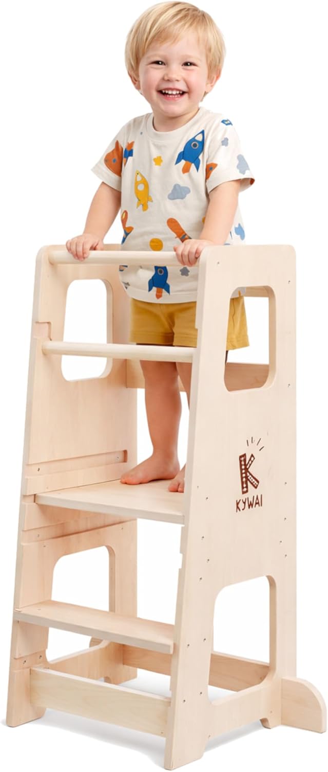 KYWAI® Torre de Aprendizaje Montessori Premium Desde 1 Año, Tamaño Grande Óptima para Cocinas Españolas, Doble Barrera, Patas Antivuelco