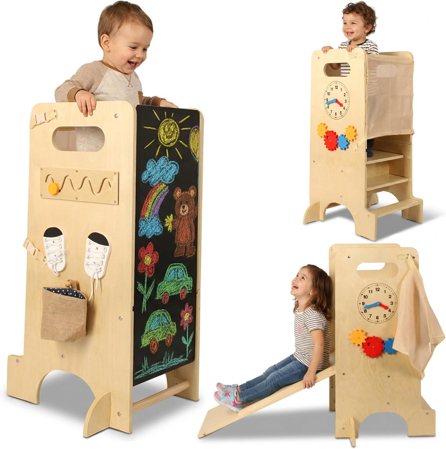 Torre de Aprendizaje Montessori de Madera - Torre Multifuncional con Juegos Sensoriales Infantiles - Ramp, Trona, Pizarra