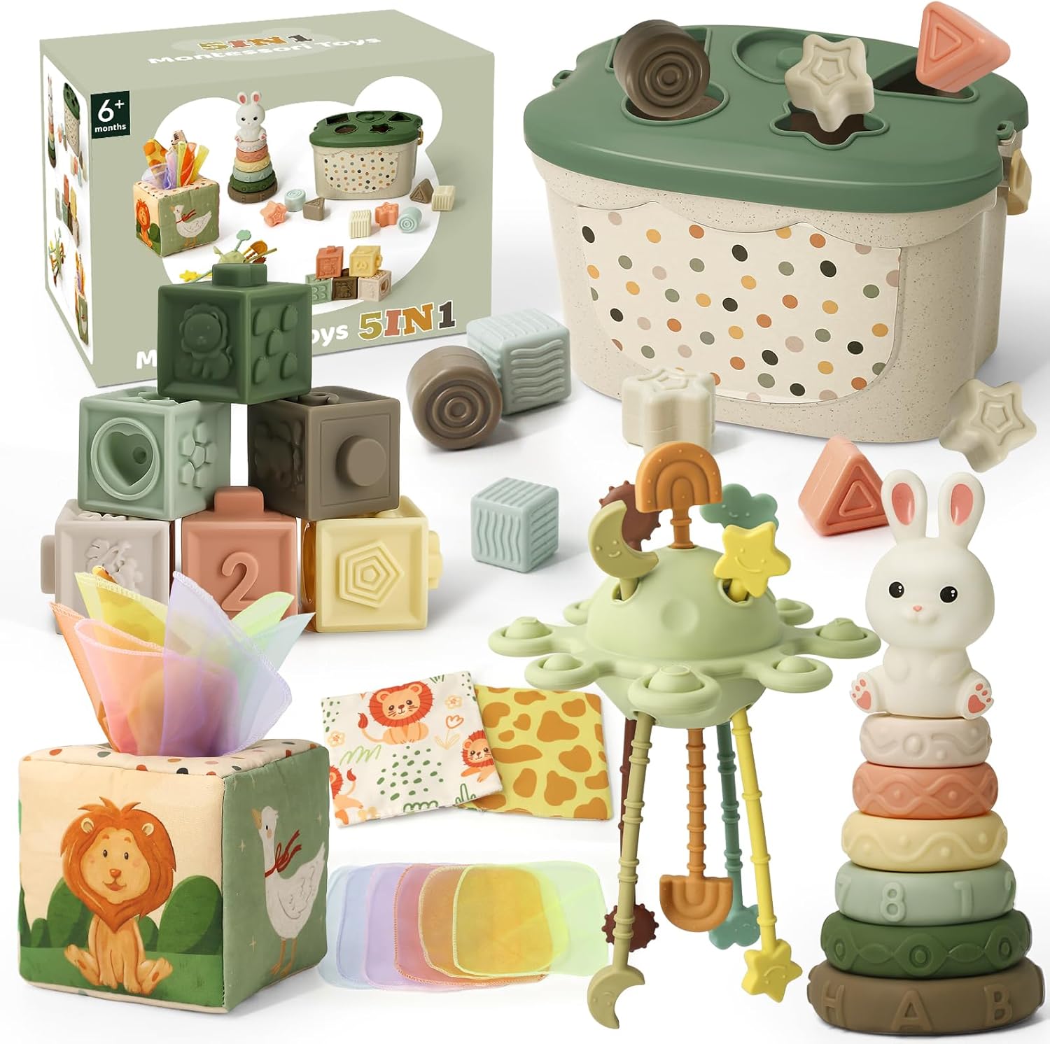 Juguetes Bebés 6 Meses, 5 en 1 Juguetes Montessori Bebés 6-12 Meses con Caja de Pañuelos, Clasificación y Apilamiento de Formas, Mordedor Educativo